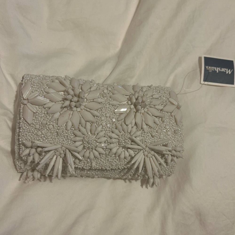White Floral Embellished Clutch with Textured Design